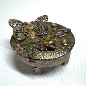 Vtg Kirks Folly Silver Tone Enamel Butterfly Flower Bee Trinket Box Whimsical